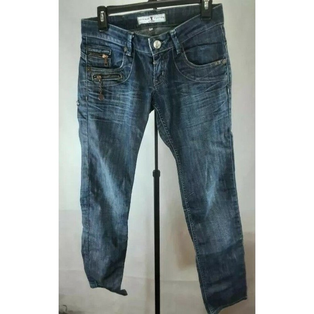 FREEMAN T. PORTER Womens Straight Leg Jeans Blue Medium Wash Patches Faded 28